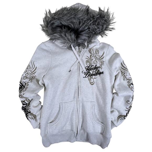 Vintage Harley Davidson Fur Trim Zip Hoodie M Gray Felted Logo Y2K Tattoo Style - Picture 4 of 16